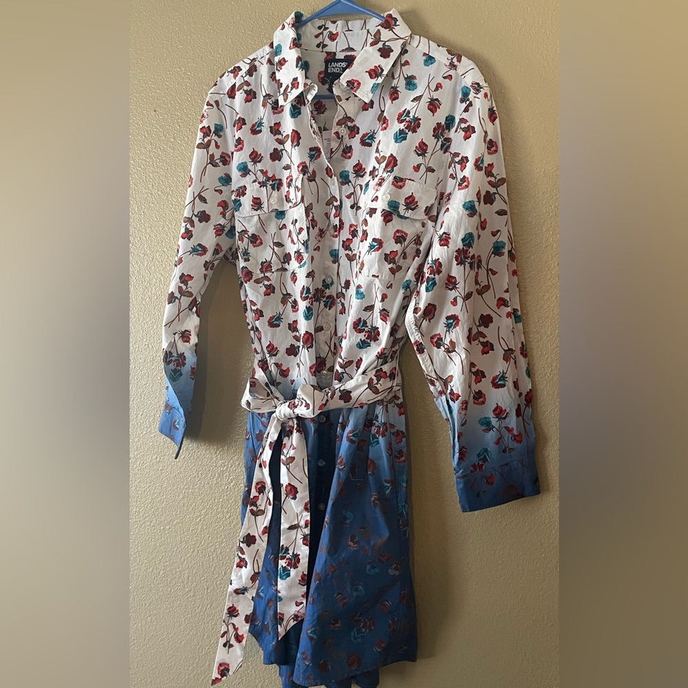 NWT, Lands End floral ombré shirt dress- tie waist, button down, collar- Spring!